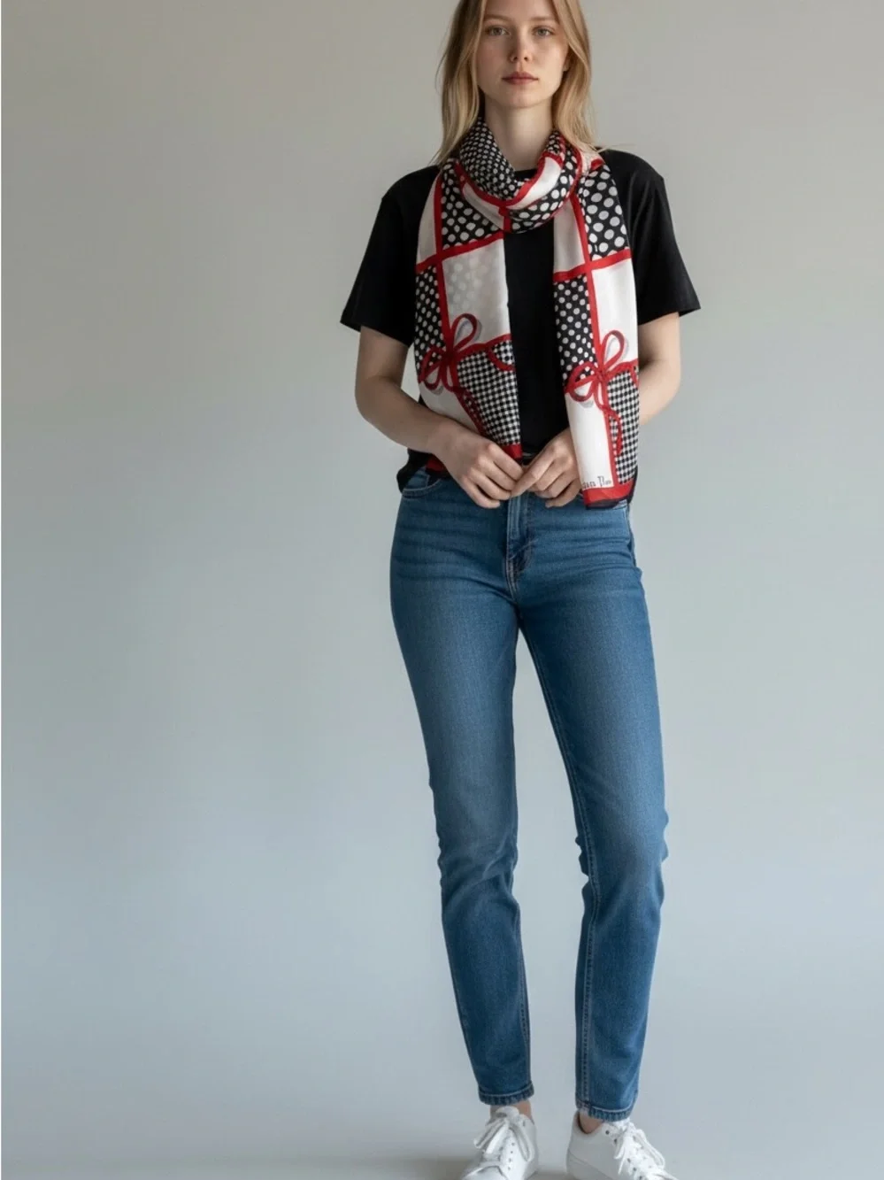 Dior Silk Scarf in Black, White & Red Graphic Print